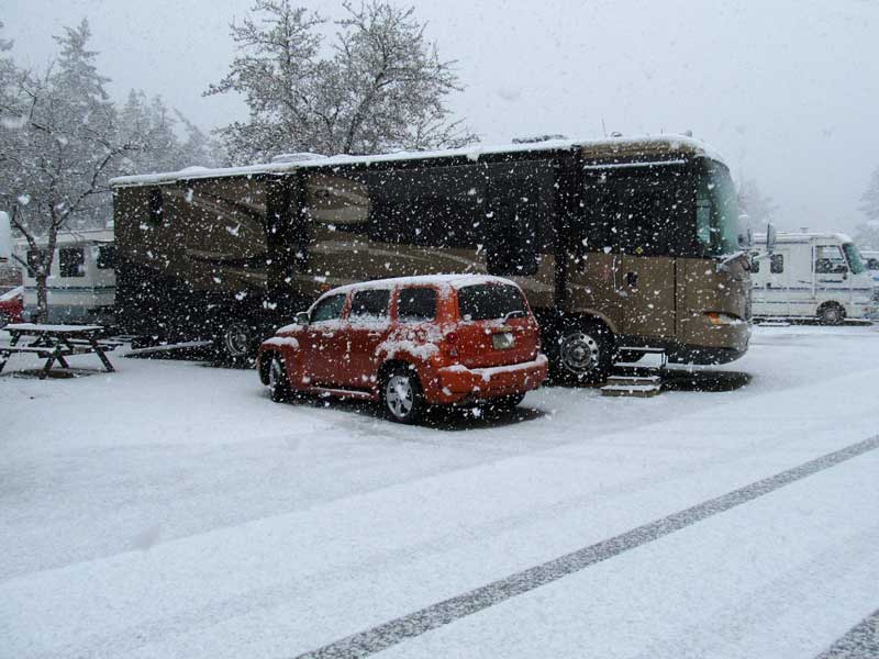 Motorhome in the snow in British Columbia RV park
