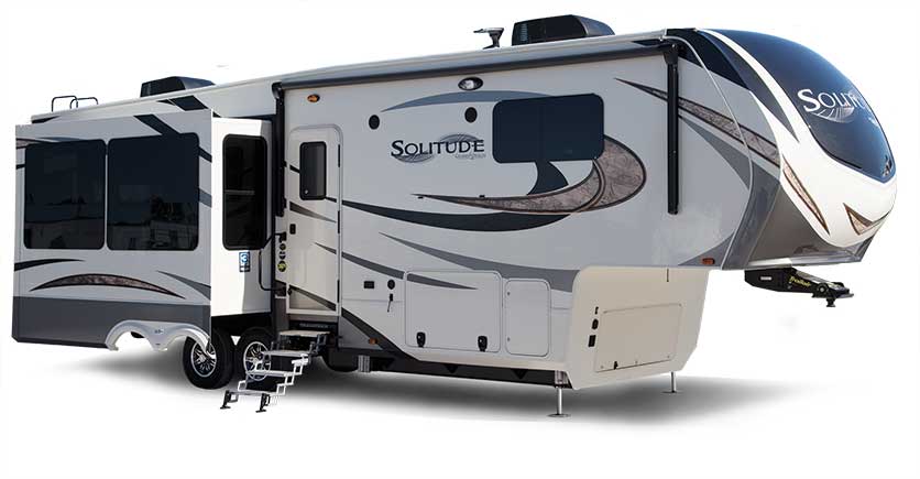 Solitude fifth wheel RV with stairs down