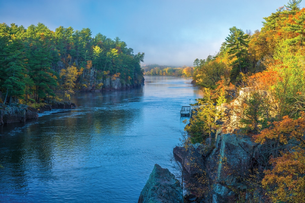 Near the town of Taylors Falls, the St. Croix Scenic Byway parallels the eponymous river.