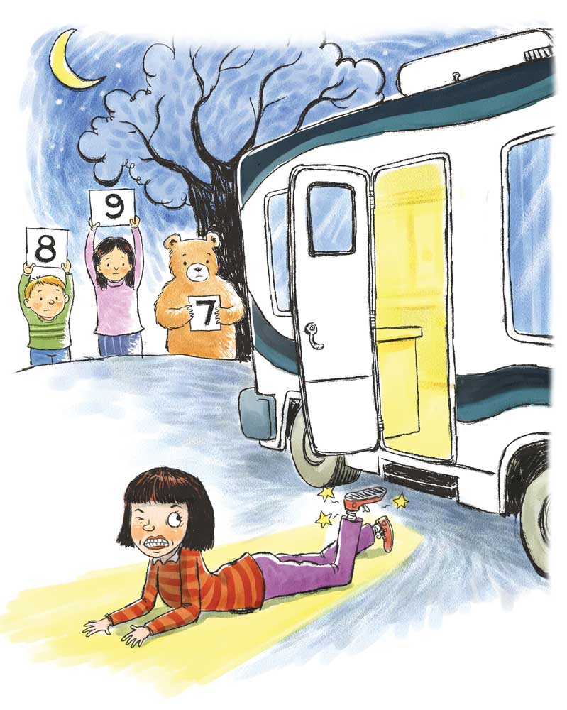 illustration of a girl falling out of a motorhome and being graded by friends and animals