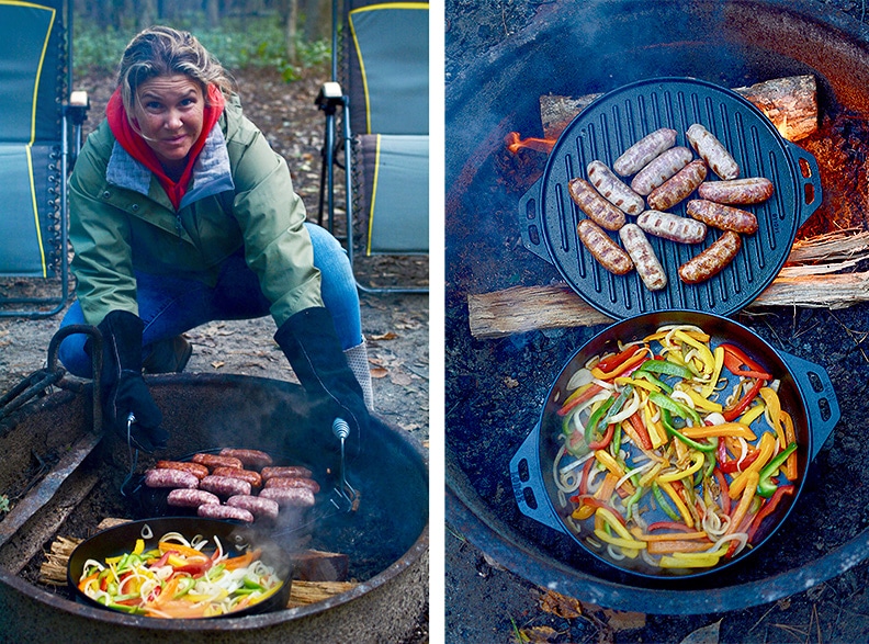 Woman cooking bell peppers and sausages outdoors with Cook-It-All