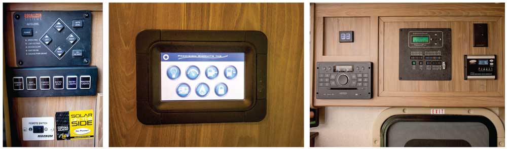 From left to right: Controls for the optional hydraulic leveling system, power inverter and switches are mounted in the entryway. The touch screen, tied into the Precision-Plex control system, is within easy reach. The Command Center, solar-panel controls and stereo are mounted above the entry door.