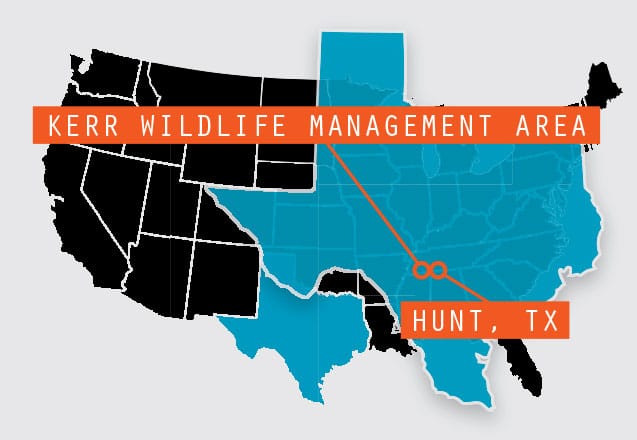 Getting There Kerr Wildlife Management Area (WMA) is located about 80 miles northwest of San Antonio, in Kerr County. Take Interstate 10 to Kerrville and turn west (south) on state Highway 16, then connect with Highway 27 on the south side of Kerrville. Turn right on Highway 27 heading toward Ingram. In Ingram, take Highway 39 west another 7 miles to Hunt. Go through Hunt on Rural Route 1340 northwest for 12 miles to the Kerr WMA entrance.