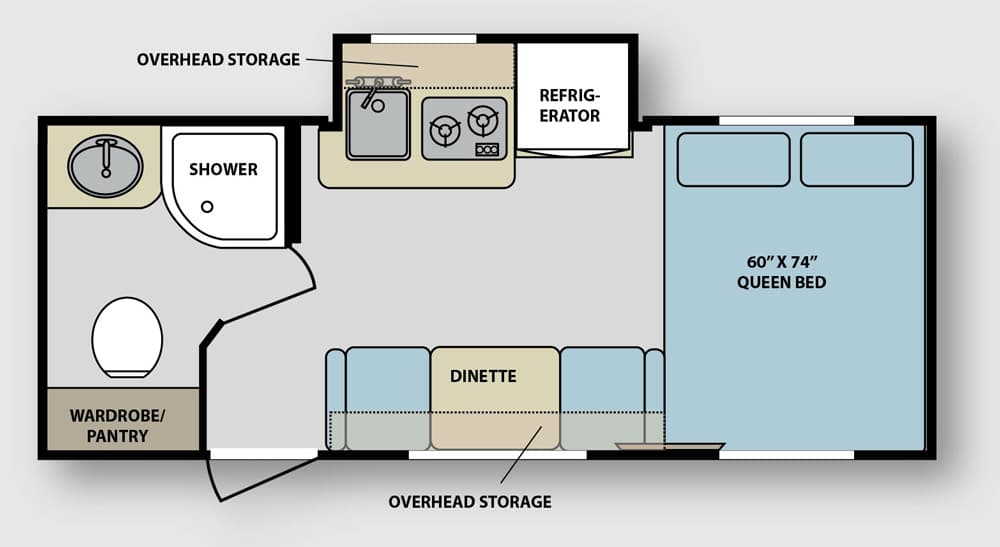 RV floor-plan showing dinette and bedroom