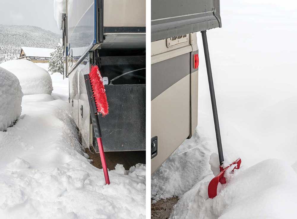 A long-handled brush and a snow shovel are valuable tools after the snow has fallen. Make sure they’re easily accessible in the motorhome’s basement storage for quick retrieval.