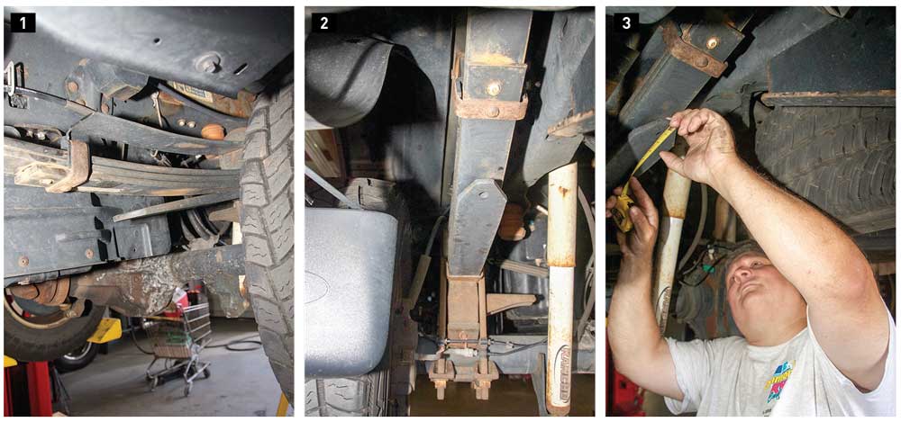 1) Heavy-duty pickups like the F-350 have a standard leaf spring, with an upper overload spring separated by a bushing, and another overload spring on the bottom where the lower StableLoad Quick Disconnect stabilizer was installed. 2) Many trucks come with a ½-inch hole drilled in the lower overload spring. The plastic plug is removed from the hole in this Ford F-350. 3) The lower overload spring is marked 3 inches from its end. Additional measurements are taken at the mark.