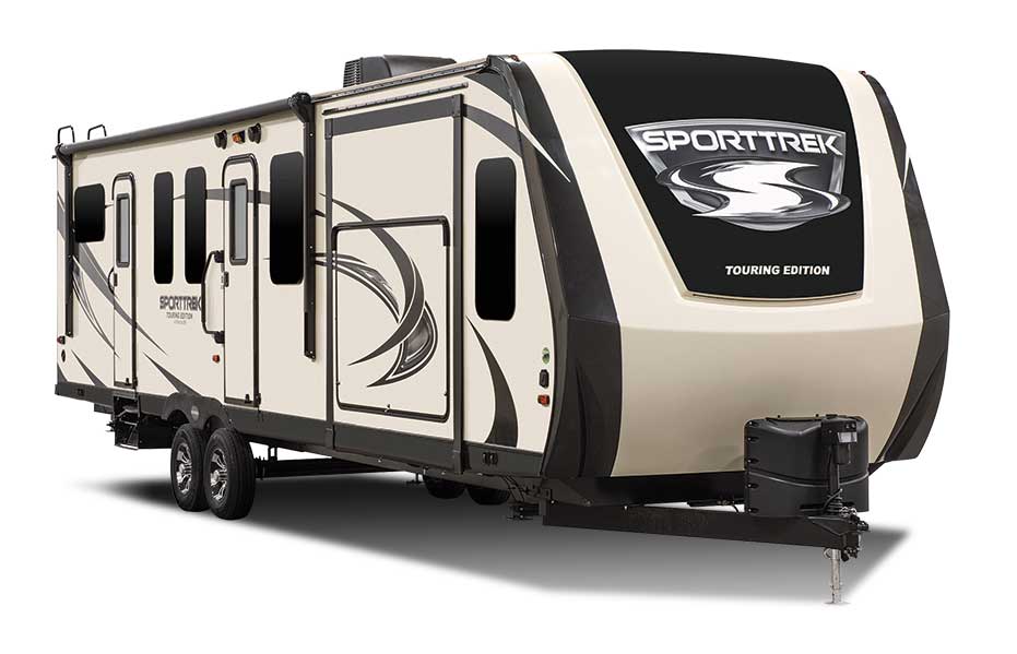 Beige and black designed Sporttrek fifth wheel