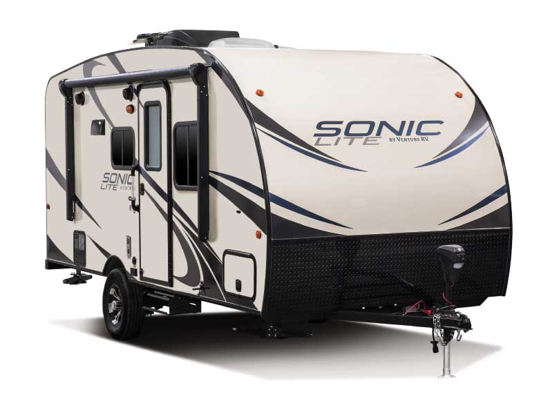 Tan and brown Venture RV Sonic Lite travel trailer