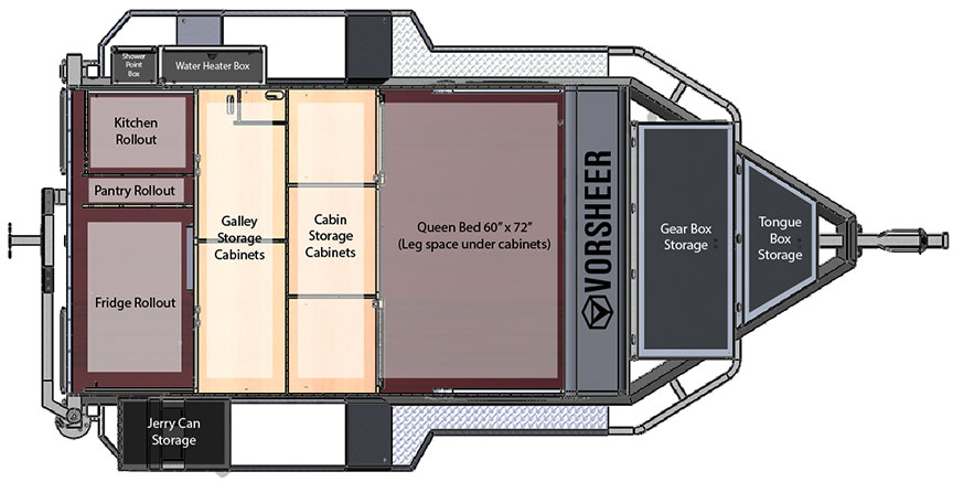 Floorplan showing queen bed, galley and storage.