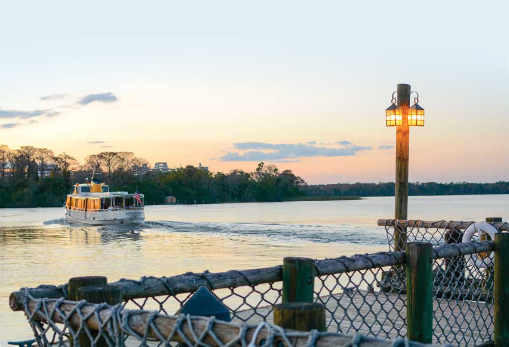 The water ferry departs from Fort Wilderness, carrying guests to the Magic Kingdom.