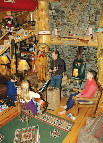 Campers socialize in a winter lodge