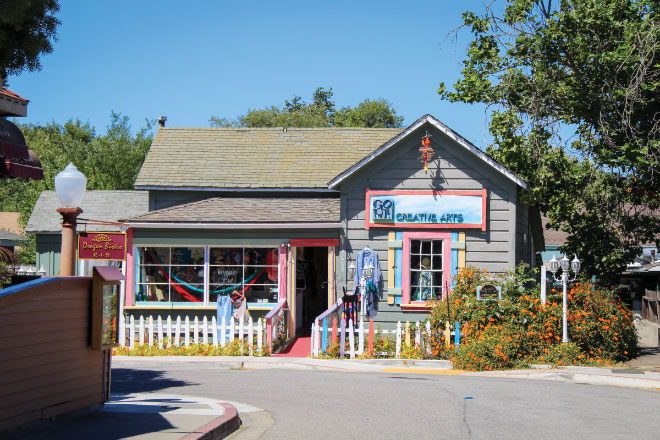 Unique boutiques like this  “wearable art” shop abound in Cambria. 
