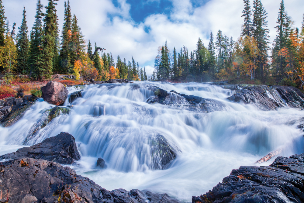 On its way to Great Slave Lake, the Cameron River tumbles 55 feet in a picture-perfect cascade. 