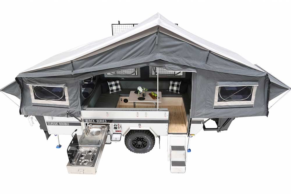 Black Series Classic Double travel trailer overview with canvas raised and interior available