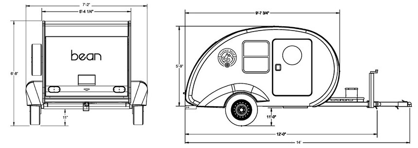 Schematic drawings showing exterior dimensions of Classic Bean trailer