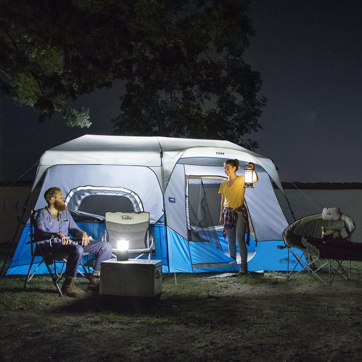 lit 9 person core instant tent at night