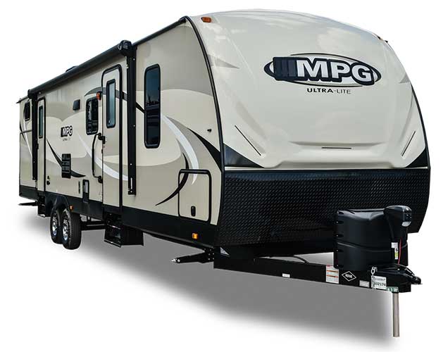 Beige, brown and white Cruiser RV MPG fifth wheel