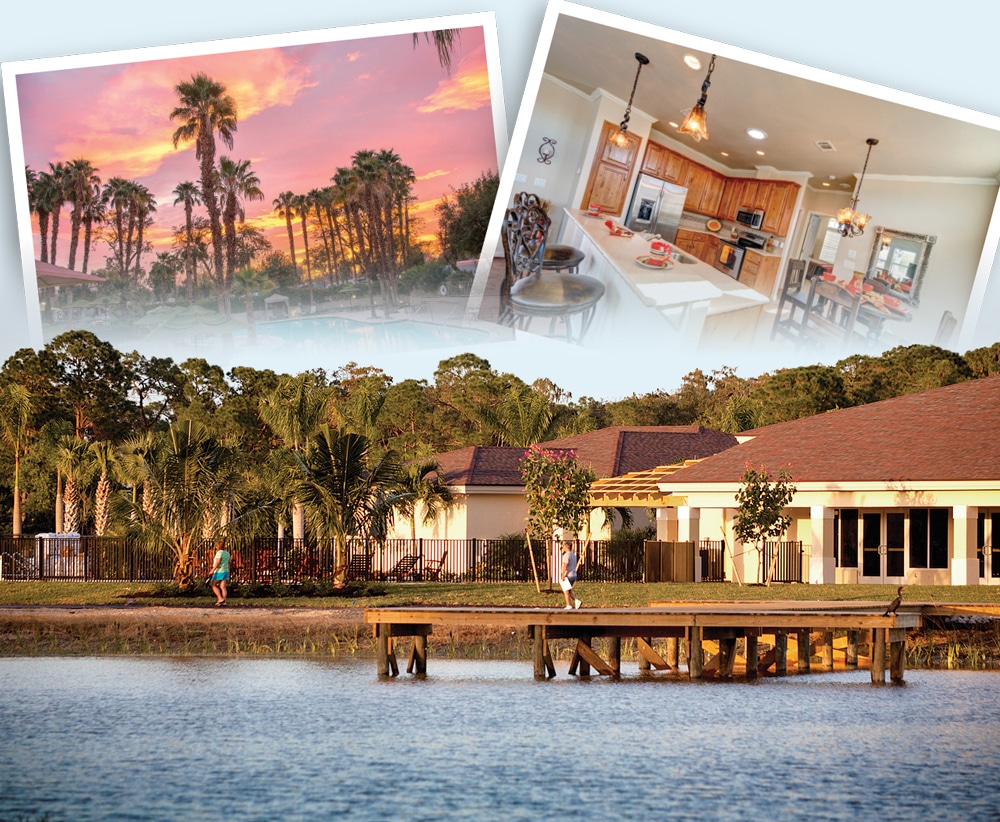 A view of the lake and clubhouse at Cypress Trail RV Resort in southwest Florida.