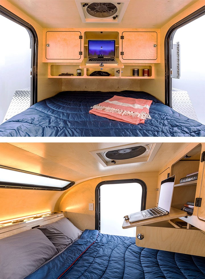 Two views of interior of the Escapod Topo trailer.