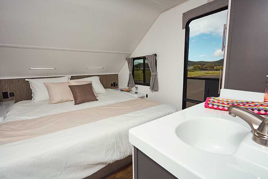 Travel Lite Evoke Model C travel trailer interior, bedroom