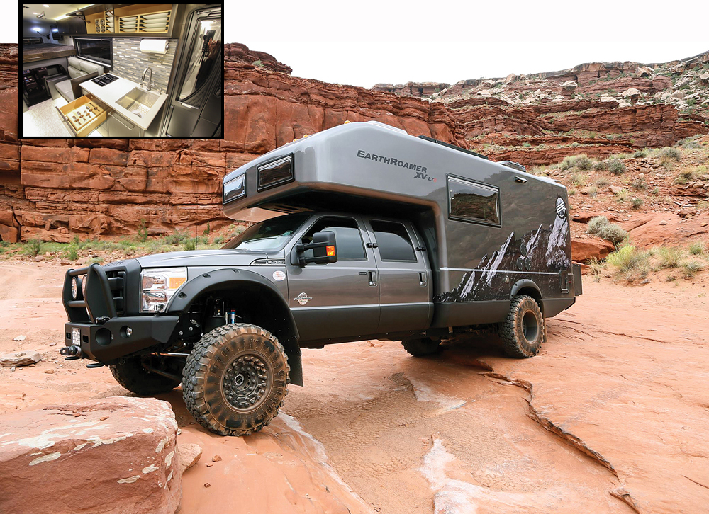 Don’t be fooled by the EarthRoamer’s upscale interior (left); these Xpedition Vehicles are valued for their aggressive off-the-beaten-path performance — and comfort and convenience.