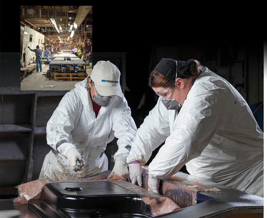 Inset: Manufacturing facilities are often large warehouse-type buildings with wide-open spaces. Staying with the tour is priority No. 1. Main photo: Factory tours also include some of the fine-tuning, which often requires a personal touch rather than machine work.