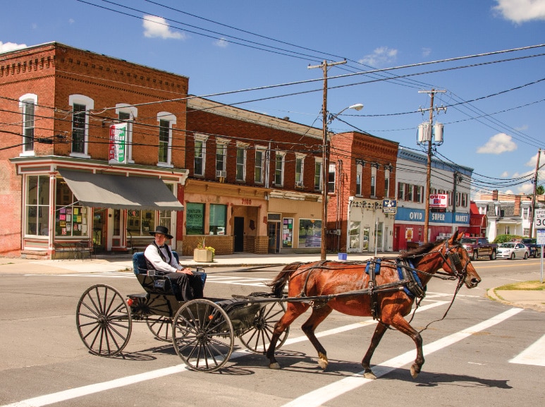 A steady stream of Amish horses and buggies clip-clop down the streets as farmers go about their daily business in the small town of Ovid. 