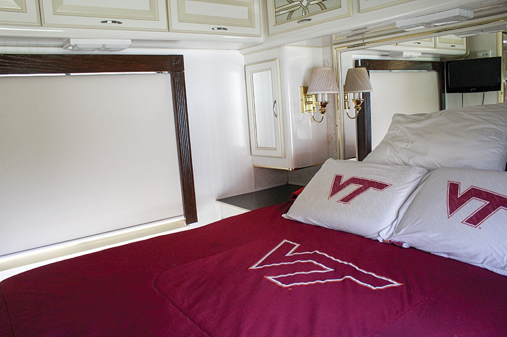 The color scheme of the renovated bedroom, like the exterior, reflects the family's support of the Virginia Tech Hokies.
