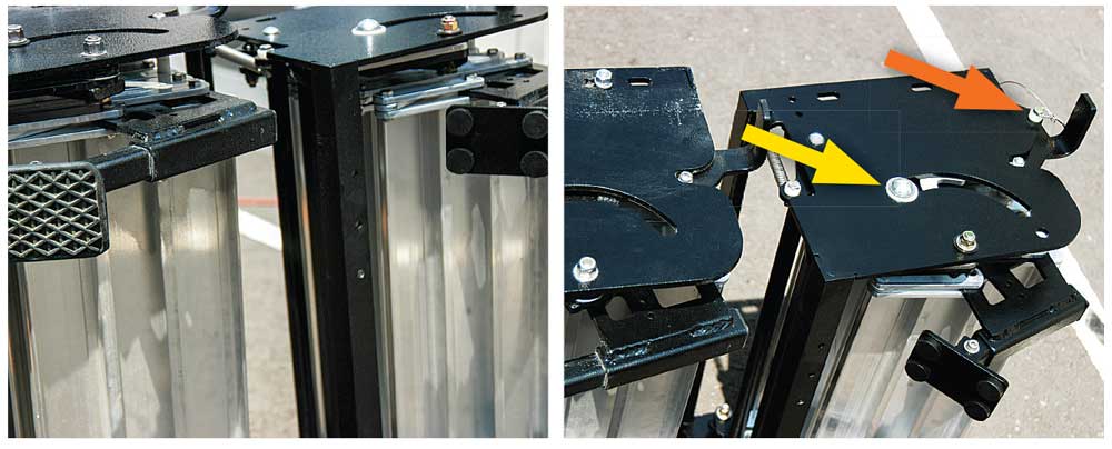 (Right) Upgraded proprietary All Terrain Landing Gear can be adjusted individually in five possible positions. (Far right) A larger nylon bushing (yellow arrow) increases stability and allows for smoother operation. A supplied bail pin (orange arrow) can now be used to secure the mechanism.