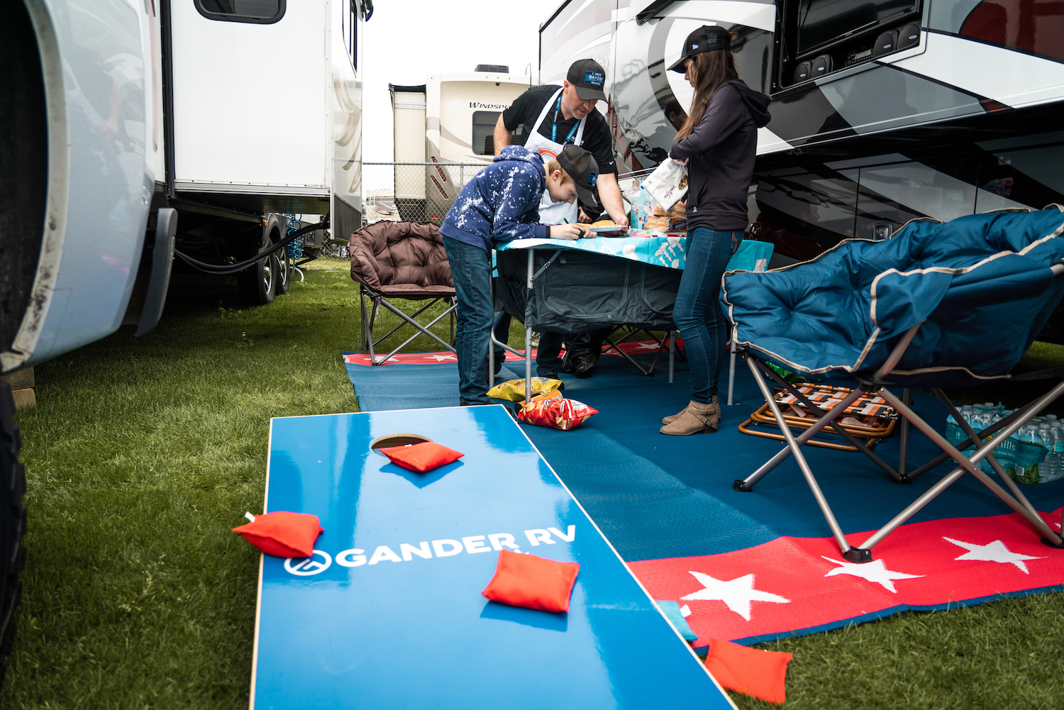 A Cornhole game at a NASCAR track