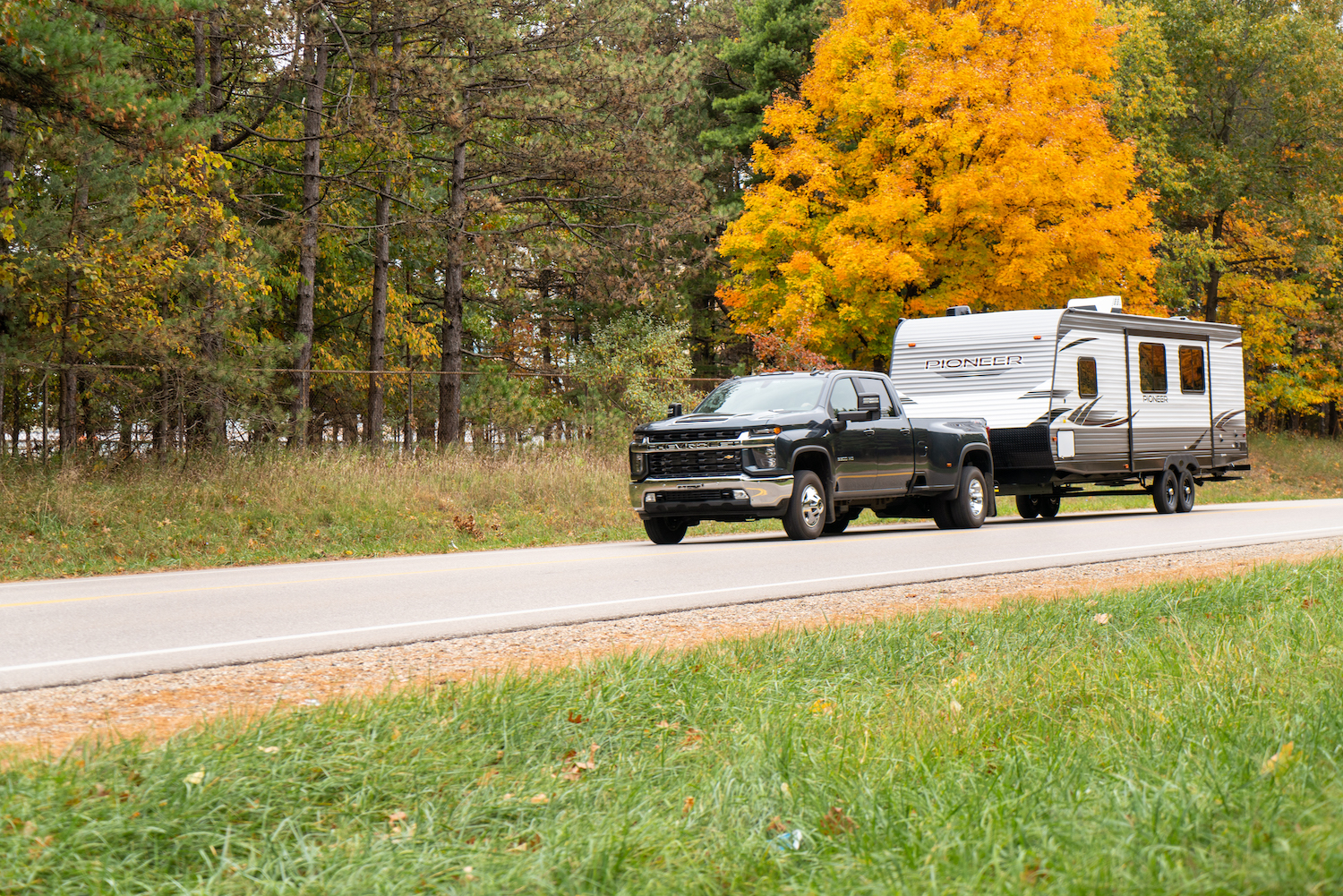 Chevy truck towing a travel trailer