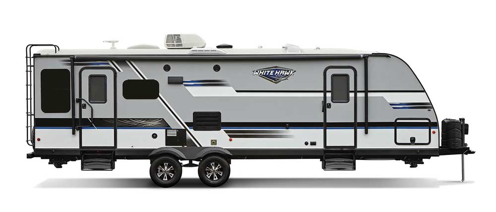 White and black designed fifth wheel RV with ladder on back