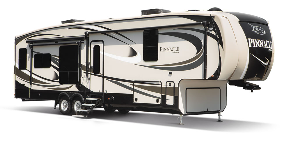 Nice tan, black, brown and white designed Pinnacle fifth wheel RV