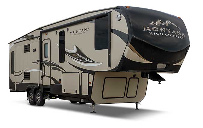 Montana High Country brown and tan fifth wheel RV