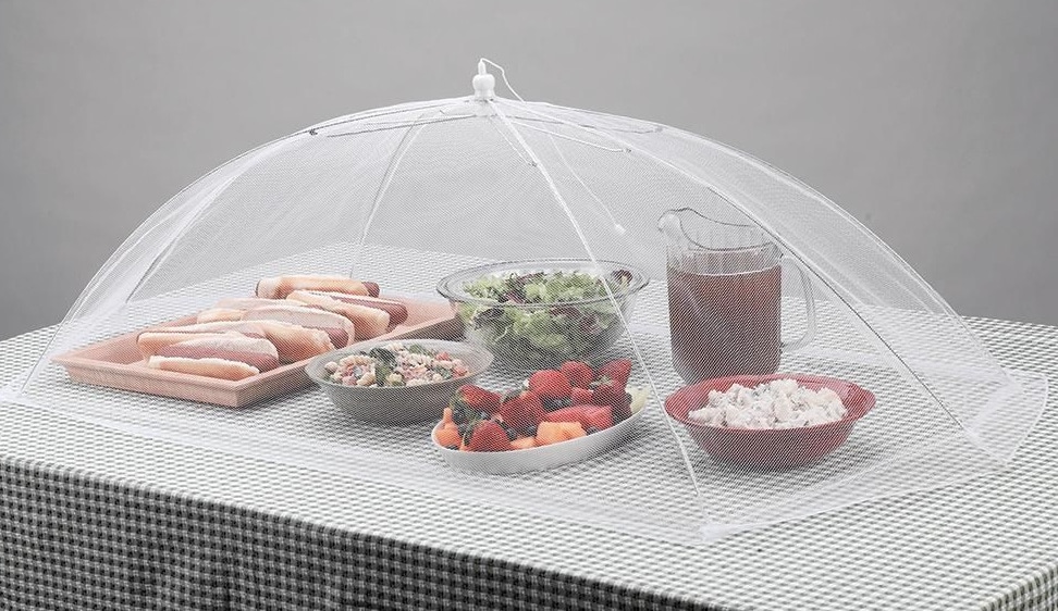 White mesh food cover over hot dogs, salad and ice tea