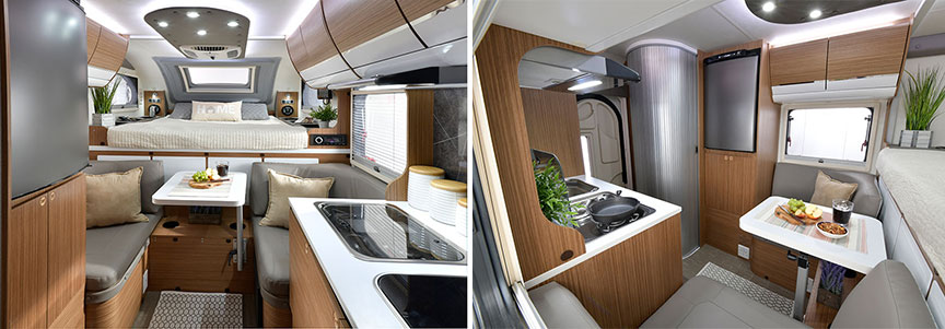 Two interior shots of Cirrus camper showing front to back