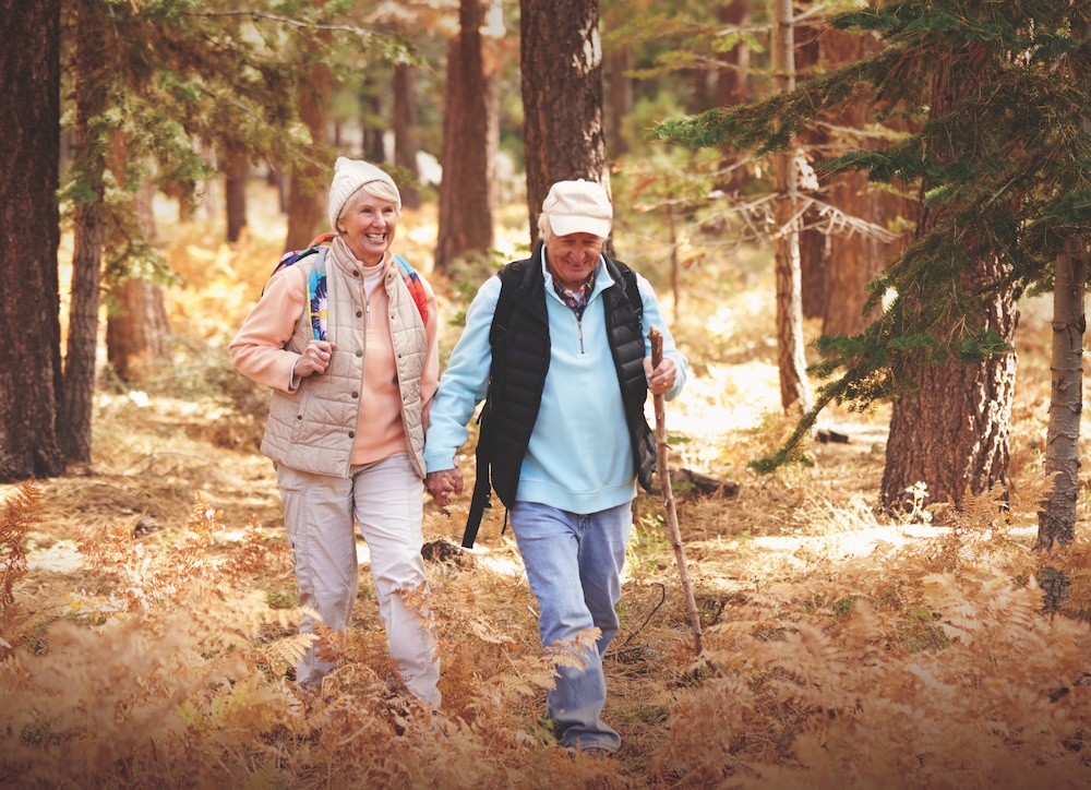 Senior couple hold hands hiking in a forest, California, USA