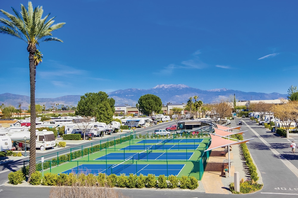 Sunland RV Resorts’ Golden Village Palms in Hemet, California, offers pickleball, tennis, sand volleyball, a putting green, horseshoe pits and a fitness center. 