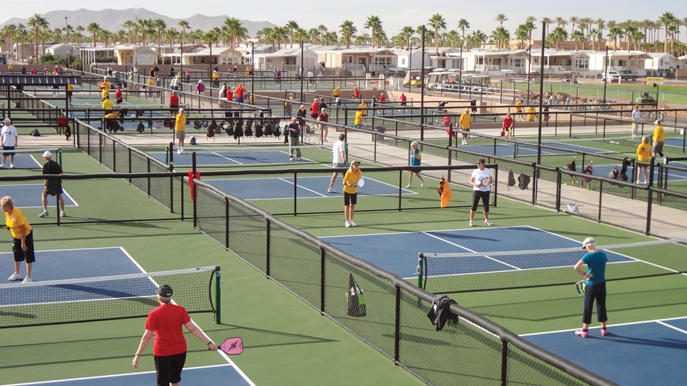 Sun RV Resorts’ Palm Creek Golf & RV Resort in Casa Grande, Arizona, has 24 pickleball courts.