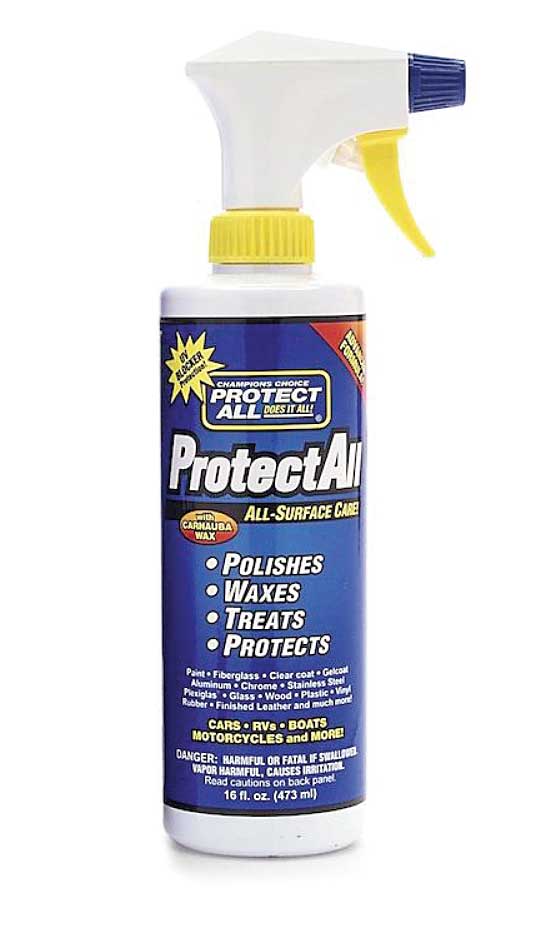 Protect-All is a great general-purpose product that can be used on many surfaces. It’s formulated to clean and protect painted surfaces, wood, plastic, chrome, aluminum, stainless steel, headlights, mirrors and even glass. Simply spray it on (allow it to set a bit for removing bug splatter) and then wipe off with a clean microfiber towel. 