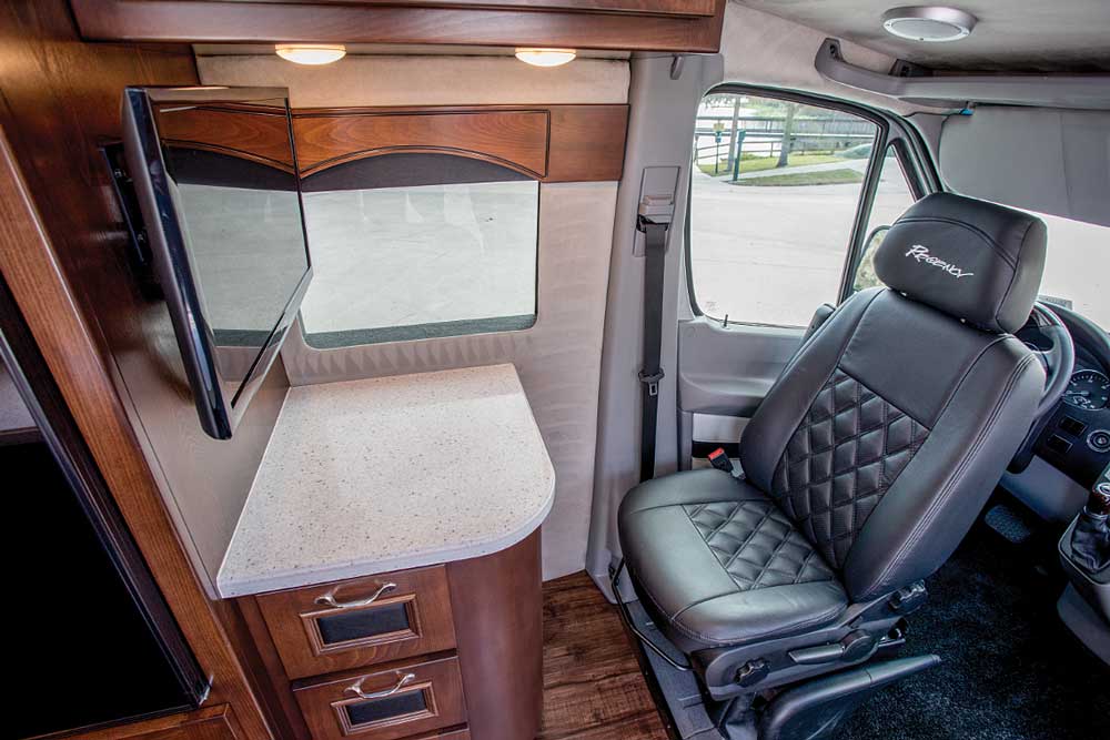 The driver’s seat rotates 180 degrees to service the workstation, which is a comfortable and practical space. The workstation can even be used as an additional meal-prep area when needed.