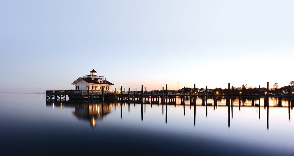 The Roanoke Marshes Lighthouse in Manteo is an exterior re-creation of the original screw-pile lighthouse built in 1877.