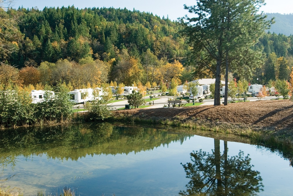 The solitude of Seven Feathers RV park, set among scenic pines and Douglas firs, is a pleasant contrast to the hustle and bustle of the casino.