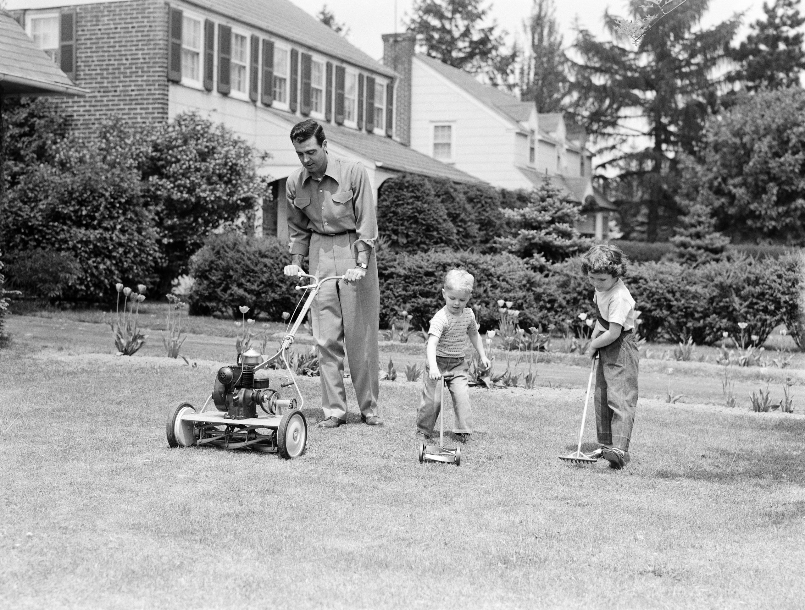 Father cutting lawn with power mower, two boys using toy rake and mower.