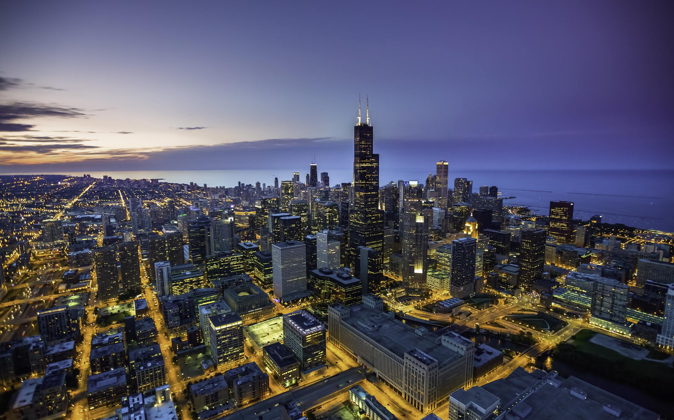 Chicago skyline aerial view at dusk