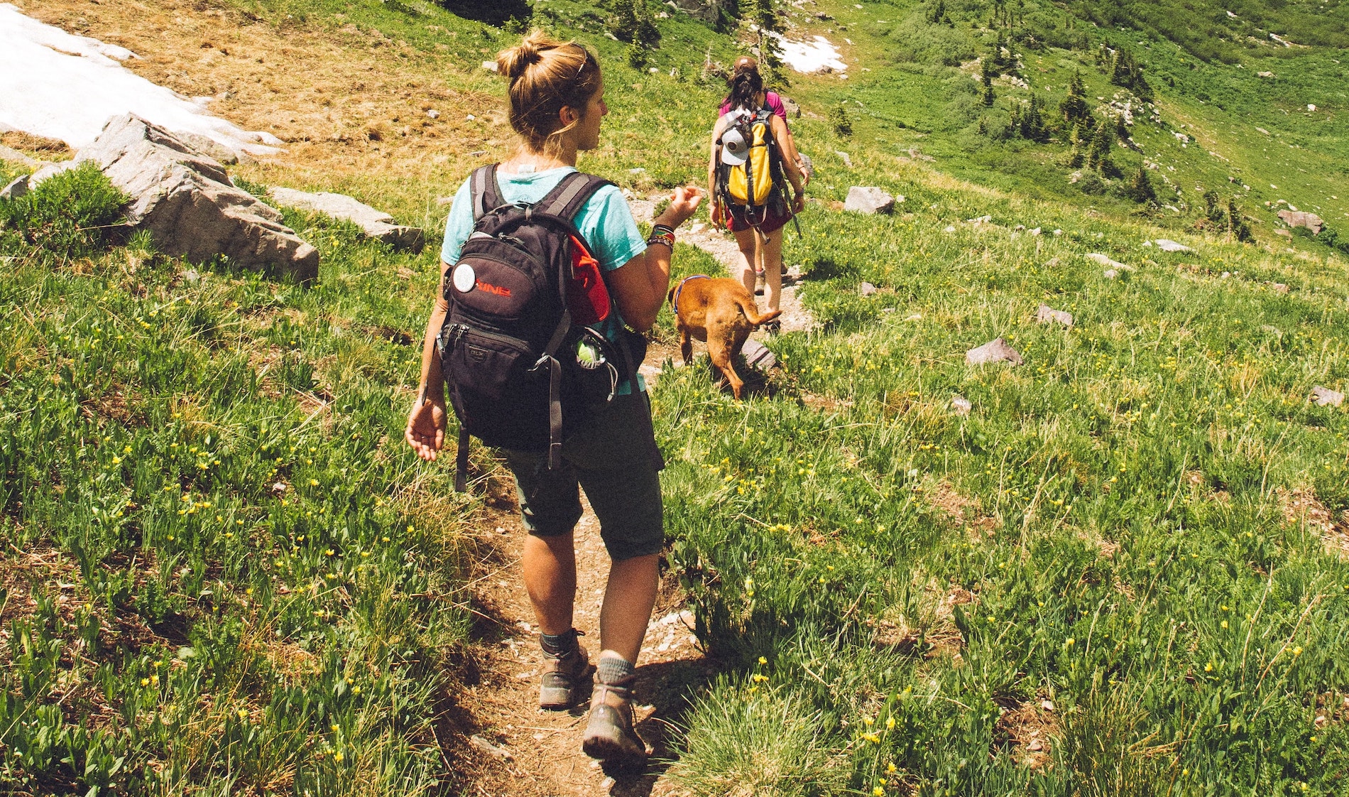 two girls hiking with their dog