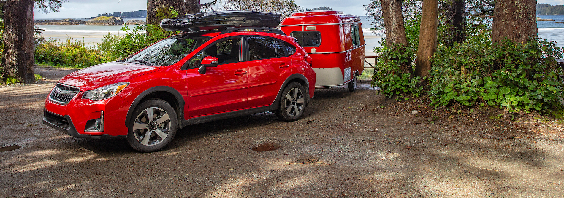 VANCOUVER ISLAND, BRITISH COLUMBIA, CANADA - May 10, 2018: Camping with antique tiny trailer, Vancouver Island