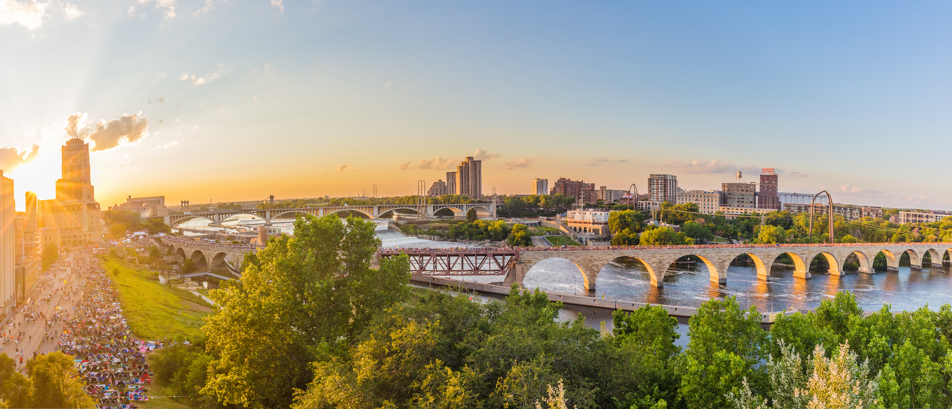 Minneapolis Minnesota at sunset on the Mississippi river,