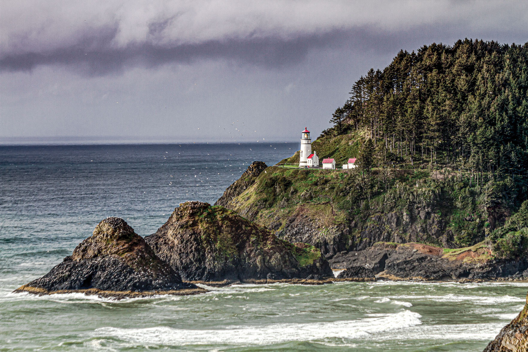 Historic Heceta Head lighthouse sitting on scenic headland cliffs along Oregonâs central coast on a stormy afternoon. A popular tourist attraction and landmark