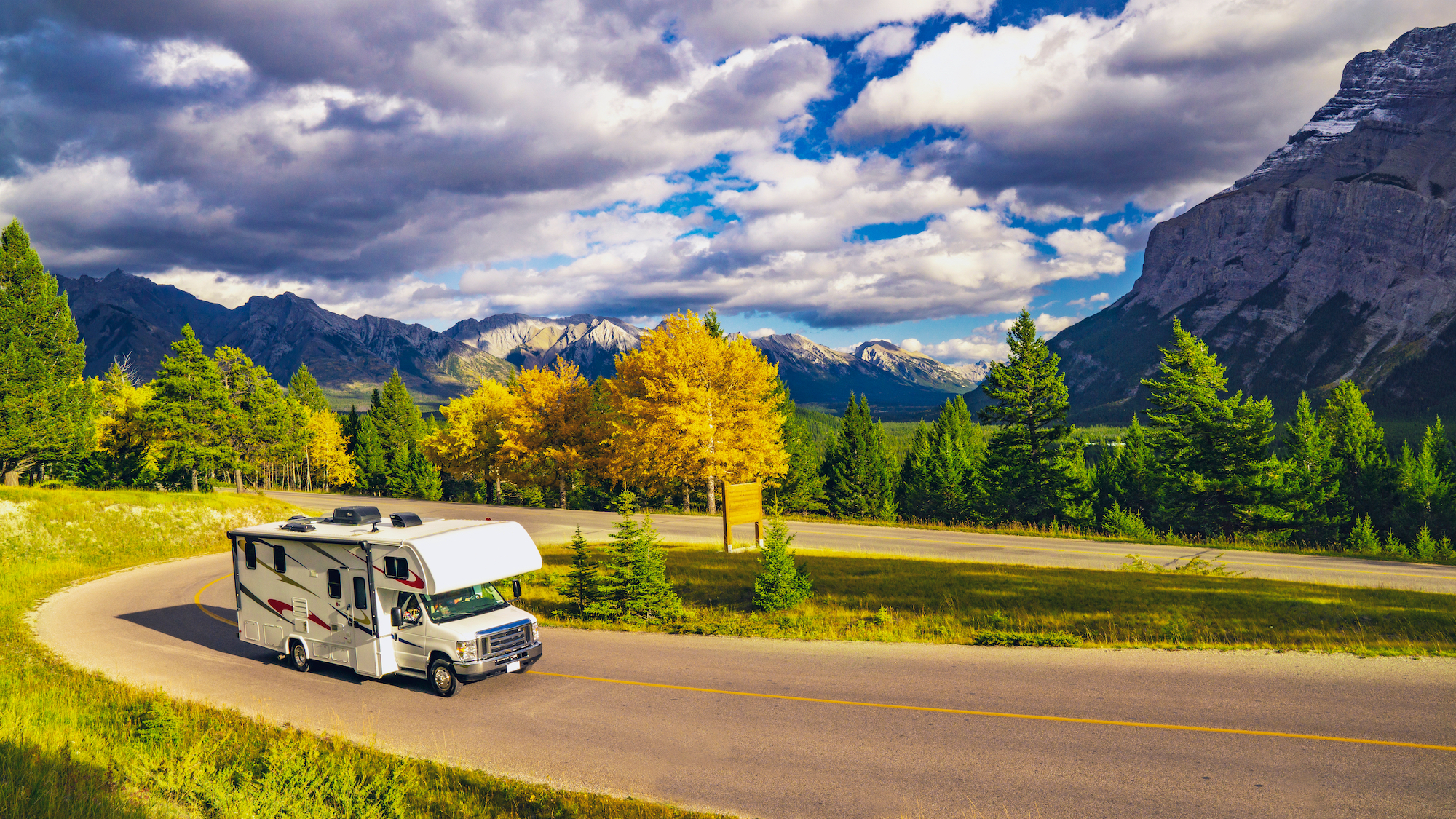 Autumn RV Motor home Camper On Scenic Highway